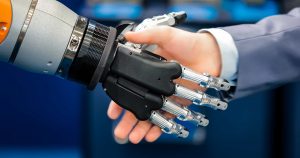 robot shaking businessman hands