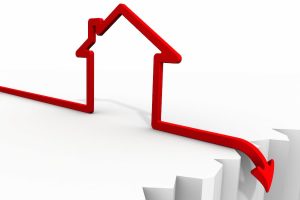 A 3D graphic showing the outline of a red house shaped by an arrow, with the arrow falling off the edge of a surface