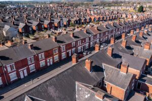 An aerial view of rows of terraced houses