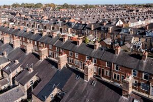 An aerial view of rows of terraced houses in England