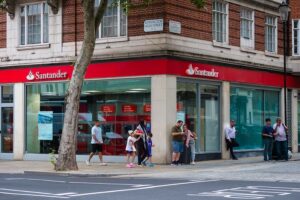 An exterior of a Santander bank branch in London