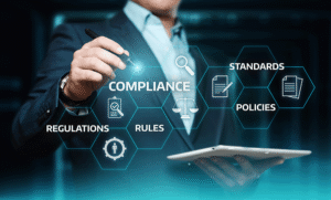 Abstract image of holographic images with words related to data, including compliance, standards, policies and rules