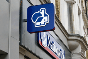 The exterior of a Nationwide Building Society with a close-up on the sign