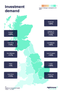 A map from rightmove showing the UK regions with highest growth in investment enquiries