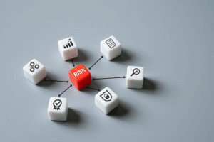 Small white blocks with images of graphs, locks, lists to suggest plans, and a red block with the word 'risk' in the centre