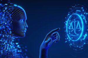 A holographic image of a person reaches out to touch a hologram of the scales of justice