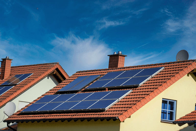 Solar panels on the roof of a new house