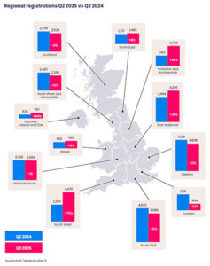 A map of the UK showing the number of home registrations