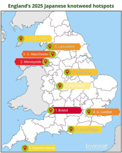 A map of England showing areas with Knotweed