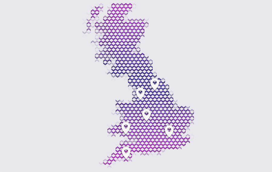 A map of England and Wales showing the roadshow locations