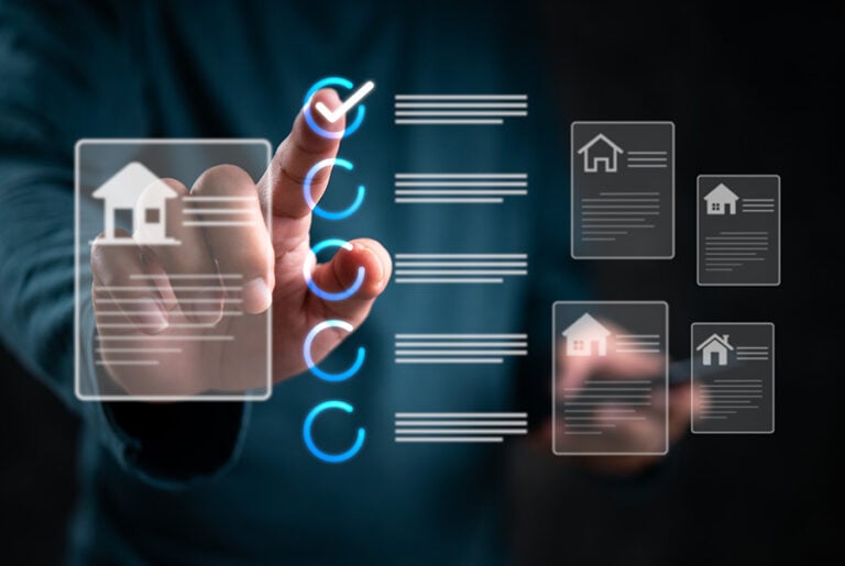 A graphic of white neon houses with a tick-box list suggesting digital property files