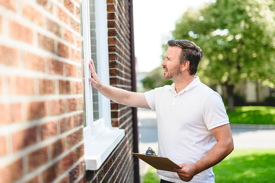 A man in a white t-shirt inspects an exterior house window while holding a clipboard