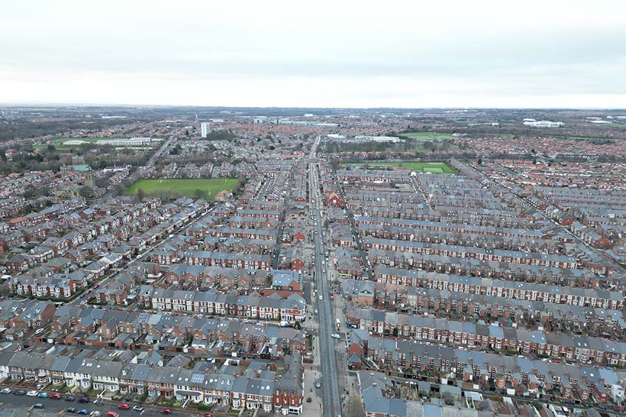An aerial view of terraced houses in Newcastle