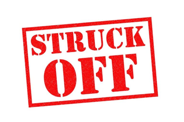 The words 'struck off' stamped in red against a white background