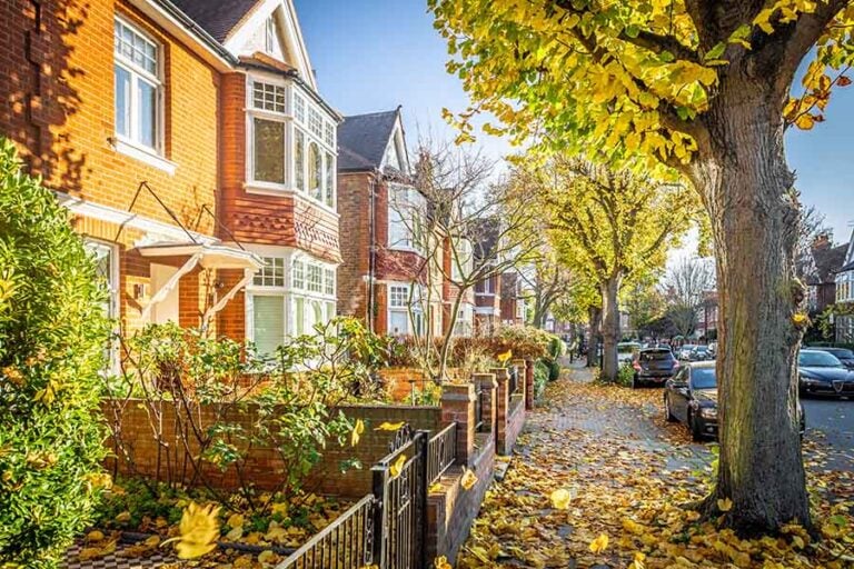 A street of semi-detached houses in autumn full of fallen leaves