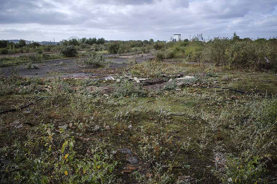 A wide view of a brownfield side in the location of a former chemical factory