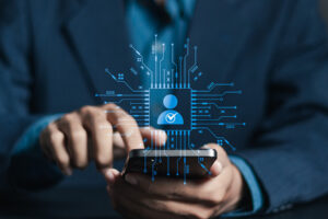 A graphic depicting a digital product, with the basic outline of a person in the centre surrounded by connected digital lines