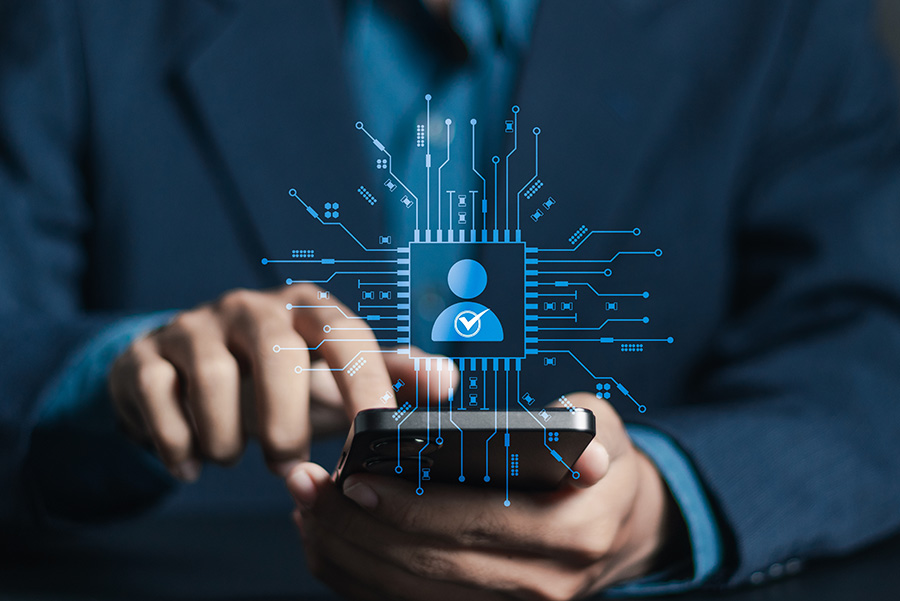 A graphic depicting a digital product, with the basic outline of a person in the centre surrounded by connected digital lines