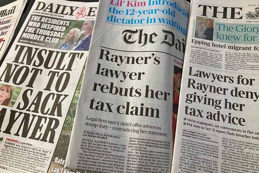 A selection of newspaper front pages with headlines about Angela Rayner's stamp duty issues