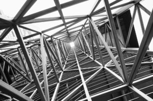 A steel framework viewed from below