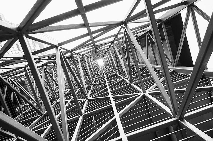 A steel framework viewed from below