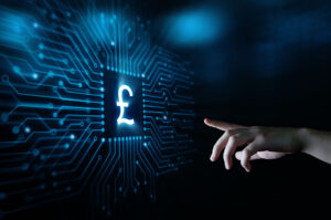A hand points to a graphic of a neon pound sign surrounded by lines of data