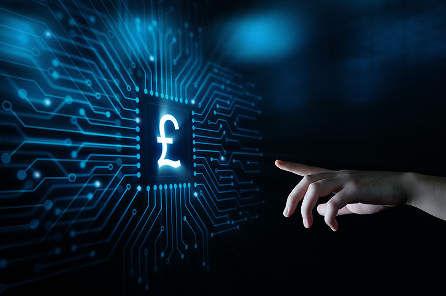 A hand points to a graphic of a neon pound sign surrounded by lines of data