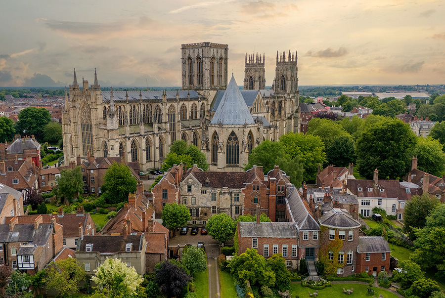 An aerial view of York Minster and surroundings