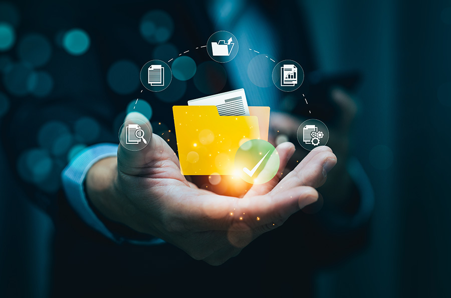 A graphic of a digital file surrounded by icons of documents appears to rest on an outstretched hand