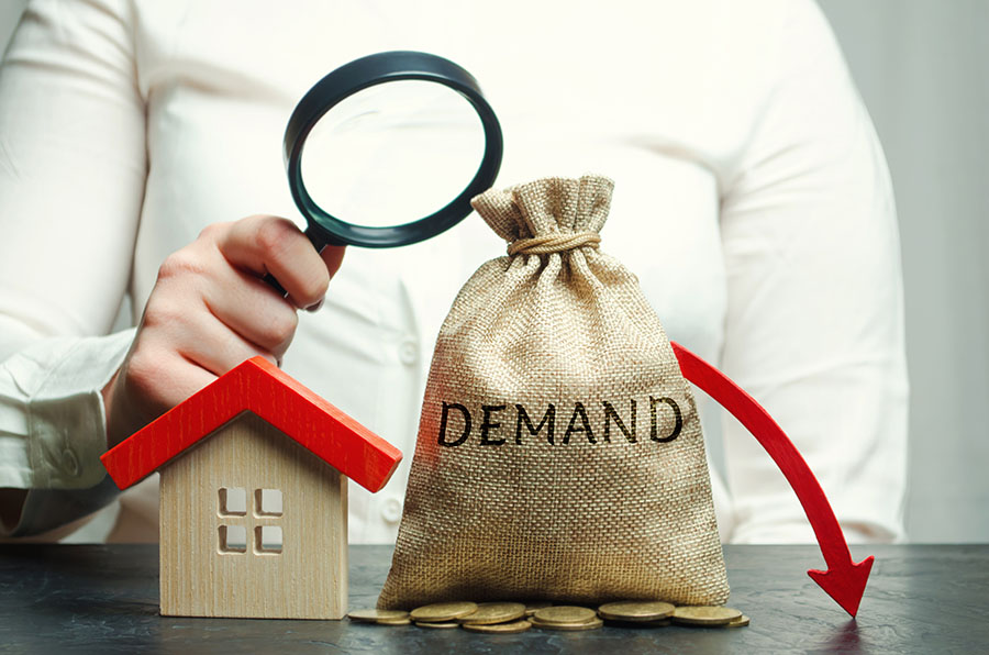 A woman holds a magnifying glass over a small wooden house next to a bag of money with the word 'demand' printed on it.