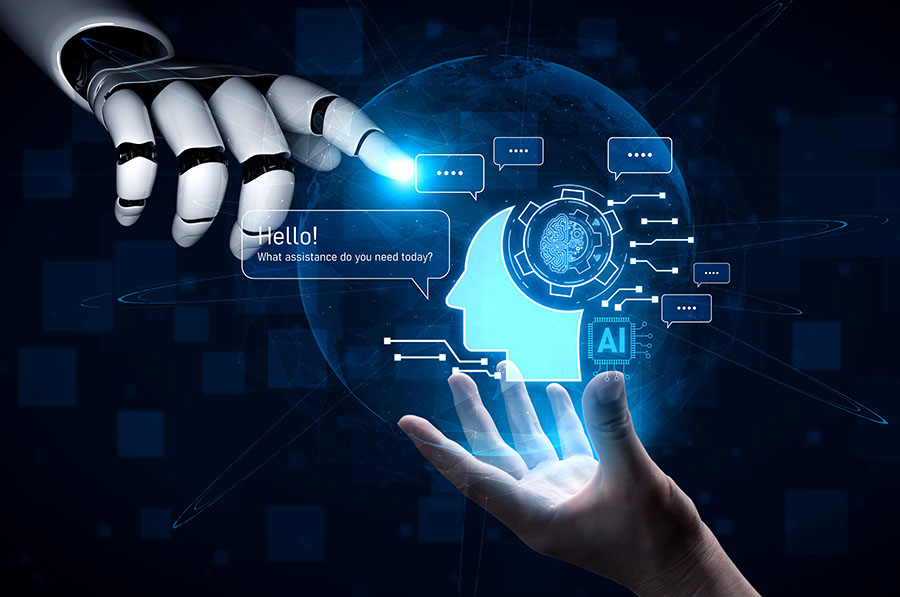 A robot hand reaches out to touch a graphic of a brain surrounded by speech bubbles