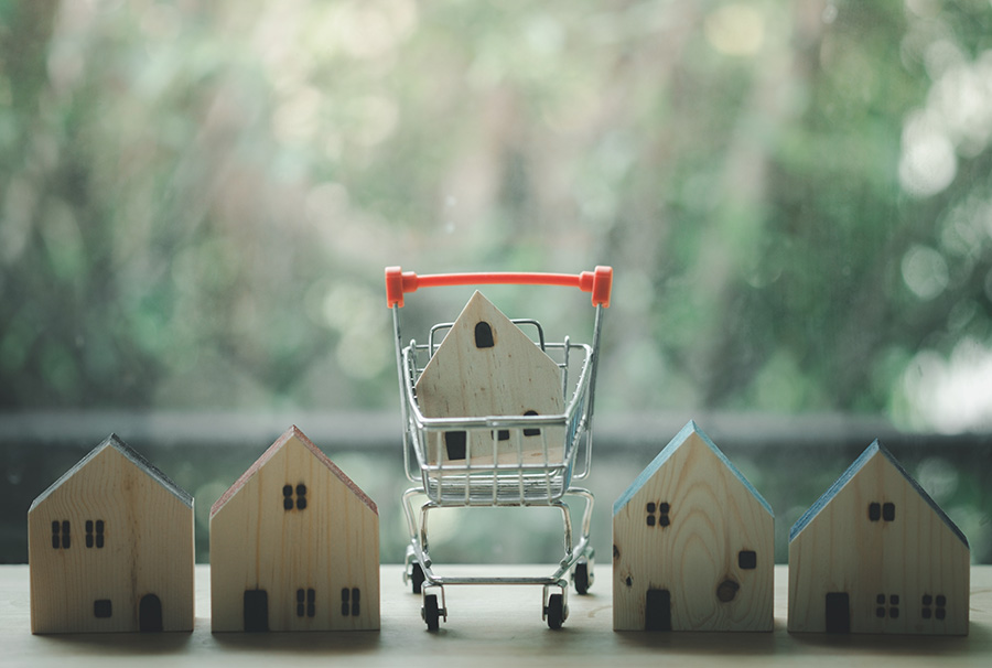A small toy house in a shopping basket, in the middle of a row of similar houses