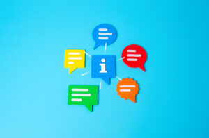 Coloured speech bubbles on a blue background