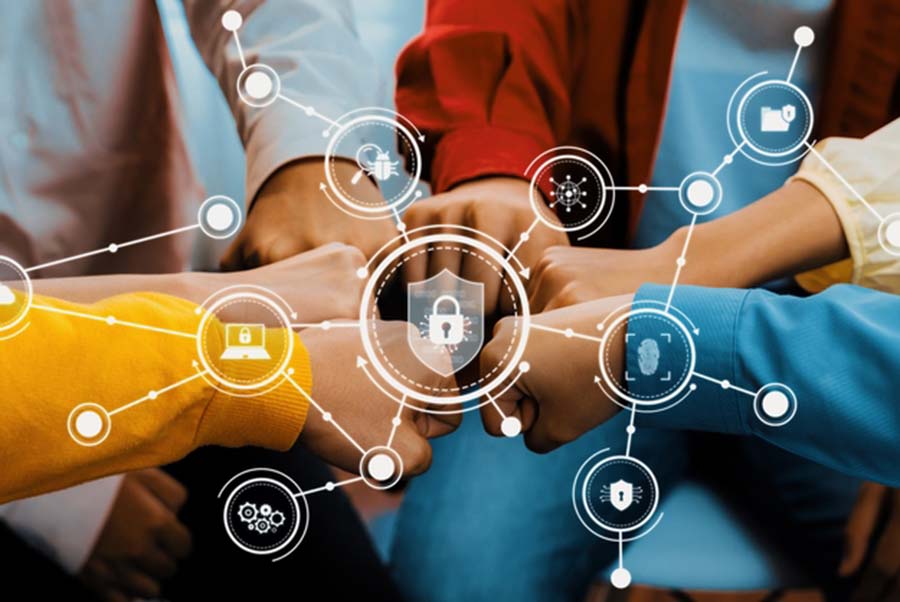 Close-up of six hands fist-bumping, overlaid with graphics of padlocks and other security symbols