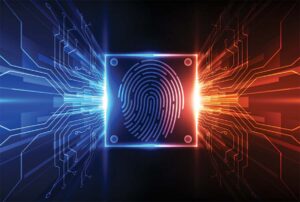A graphic of a fingerprint surrounded by neon lights