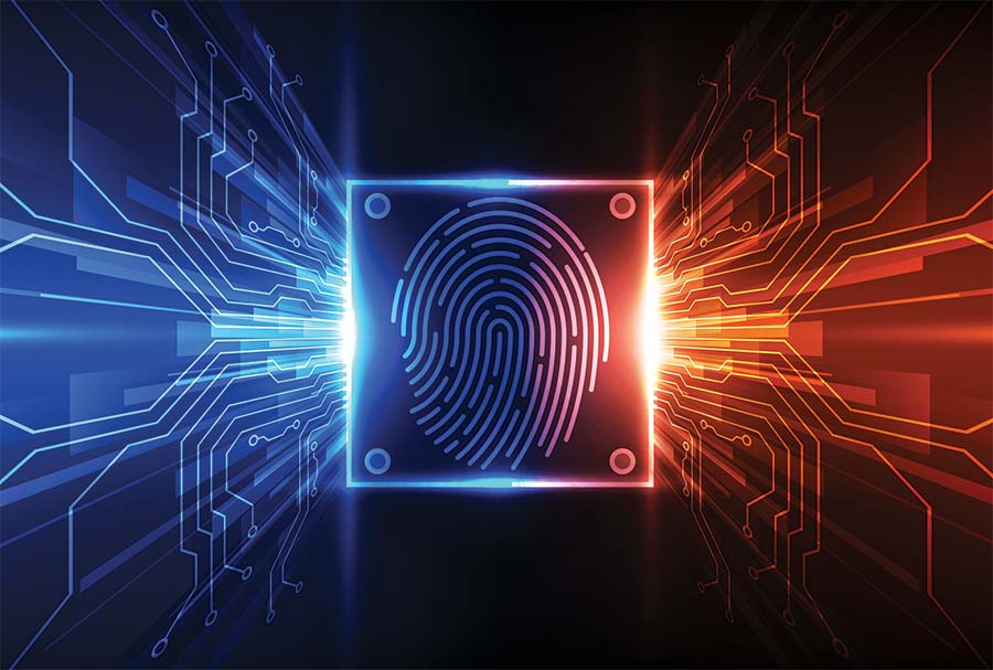 A graphic of a fingerprint surrounded by neon lights