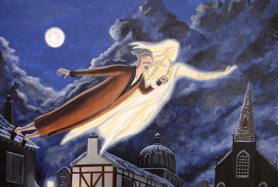 A drawn illustration of Scrooge and the ghost of Christmas present flying over rooftops