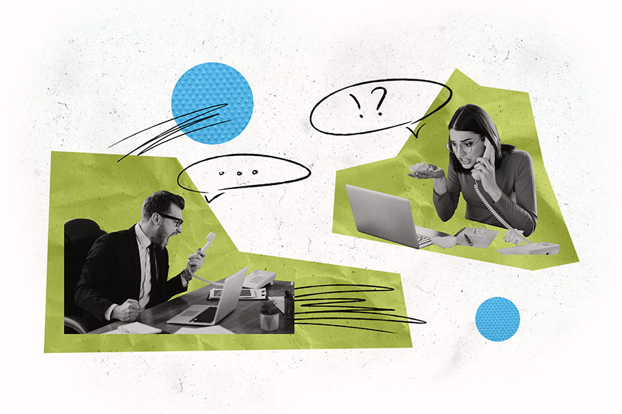A composite image of a man and woman at their desks shouting into their phones and at laptop screens