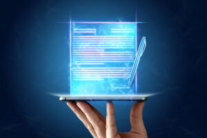 A hand holds up a tablet, with a graphic of a digital document overlaid on the image