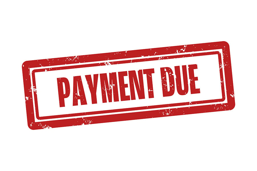 A red stamp with the words 'payment due'