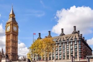 A view of Portcullis House, with Big Ben to the left