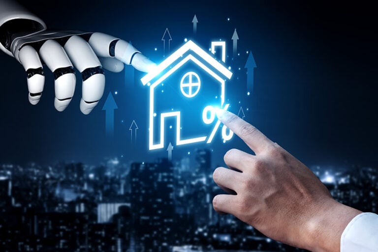 A graphic of a neon house, with one human hand outstretched to touch it on one side and a robotic hand touching it on the other