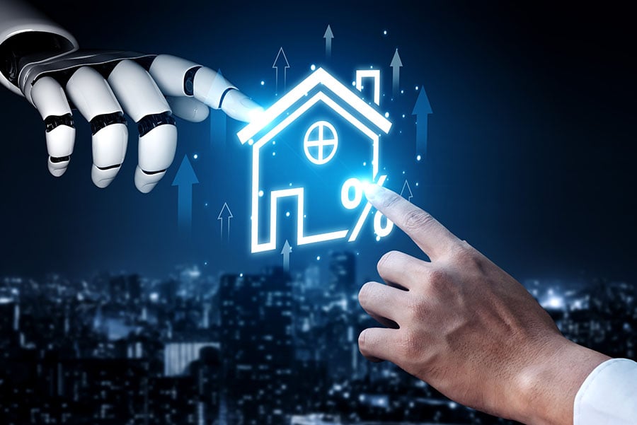 A graphic of a neon house, with one human hand outstretched to touch it on one side and a robotic hand touching it on the other