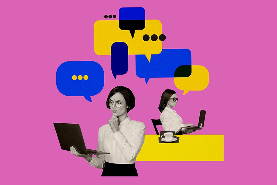 A bright pink composite image showing two smart women using laptops surrounded by speech bubbles
