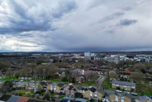 An aerial view of Stevenage on a grey cloudy day