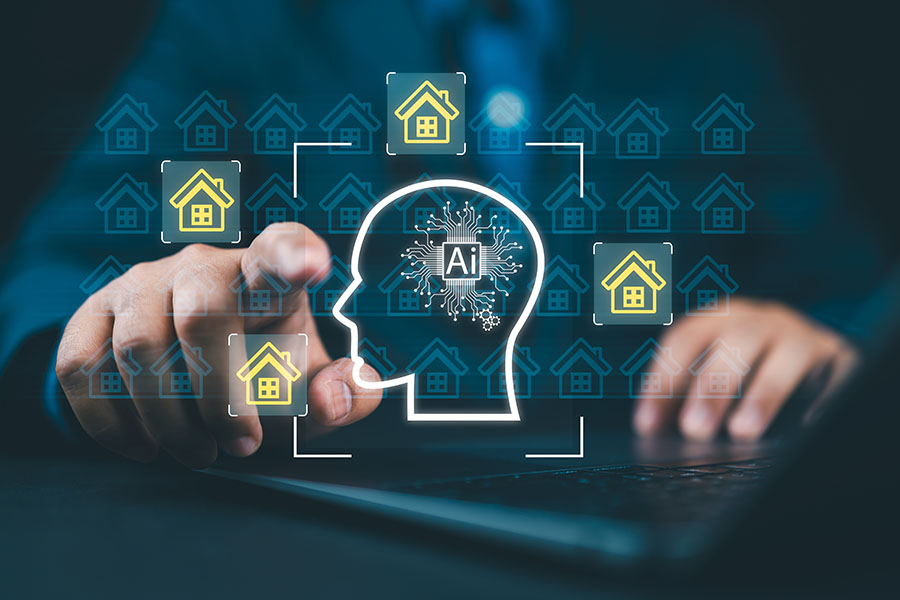 A graphic of a head with AI written in the middle, surrounded by neon outlines of houses