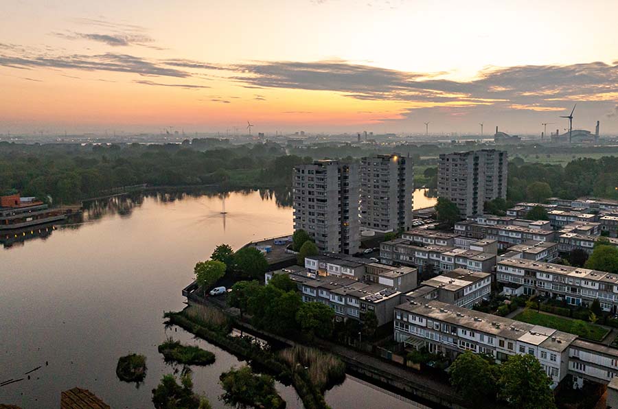 An aerial view of Thamesmead at sunset