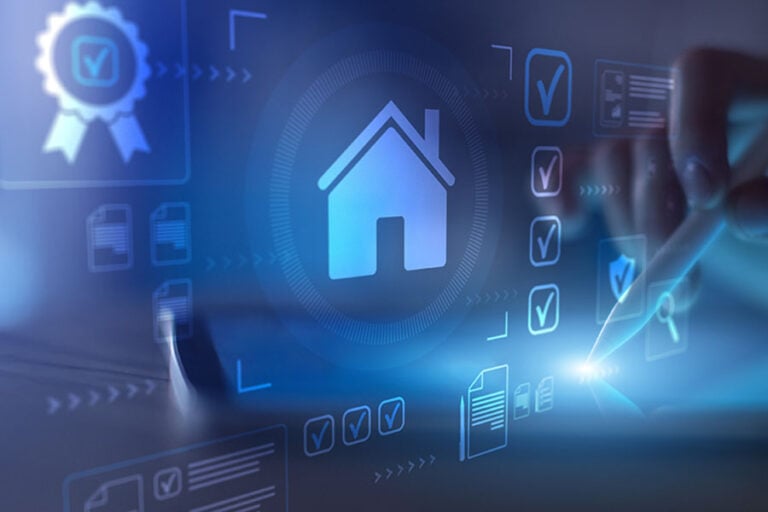 A graphic of a neon house surrounded by document symbols