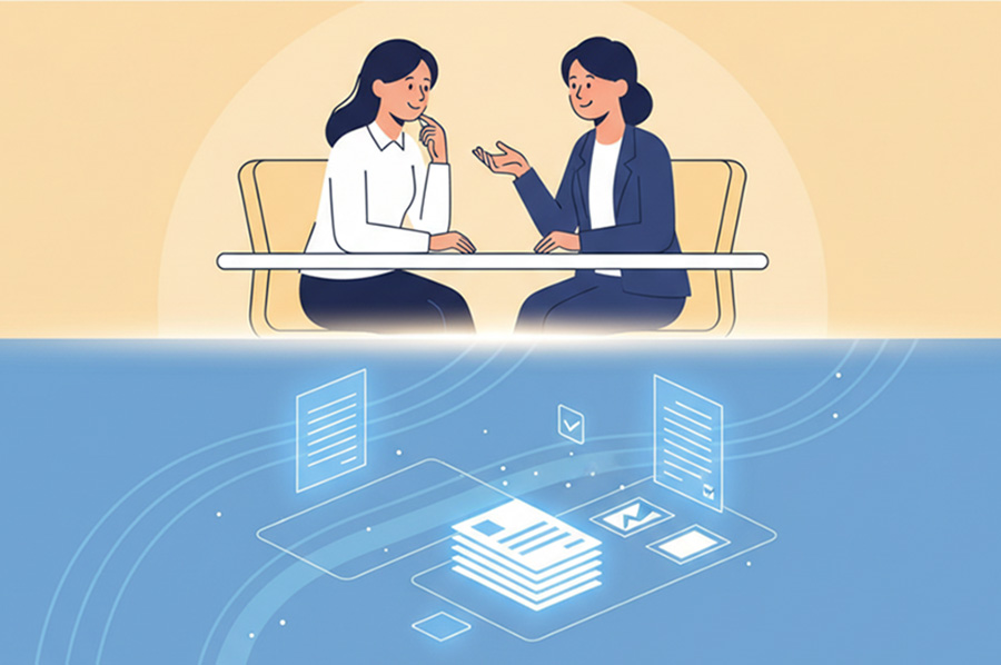 A cartoon illustration of two women in conversation at a table, with graphics of paperwork surrounding them
