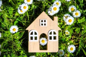 Wooden house depicted in a Spring meadow setting